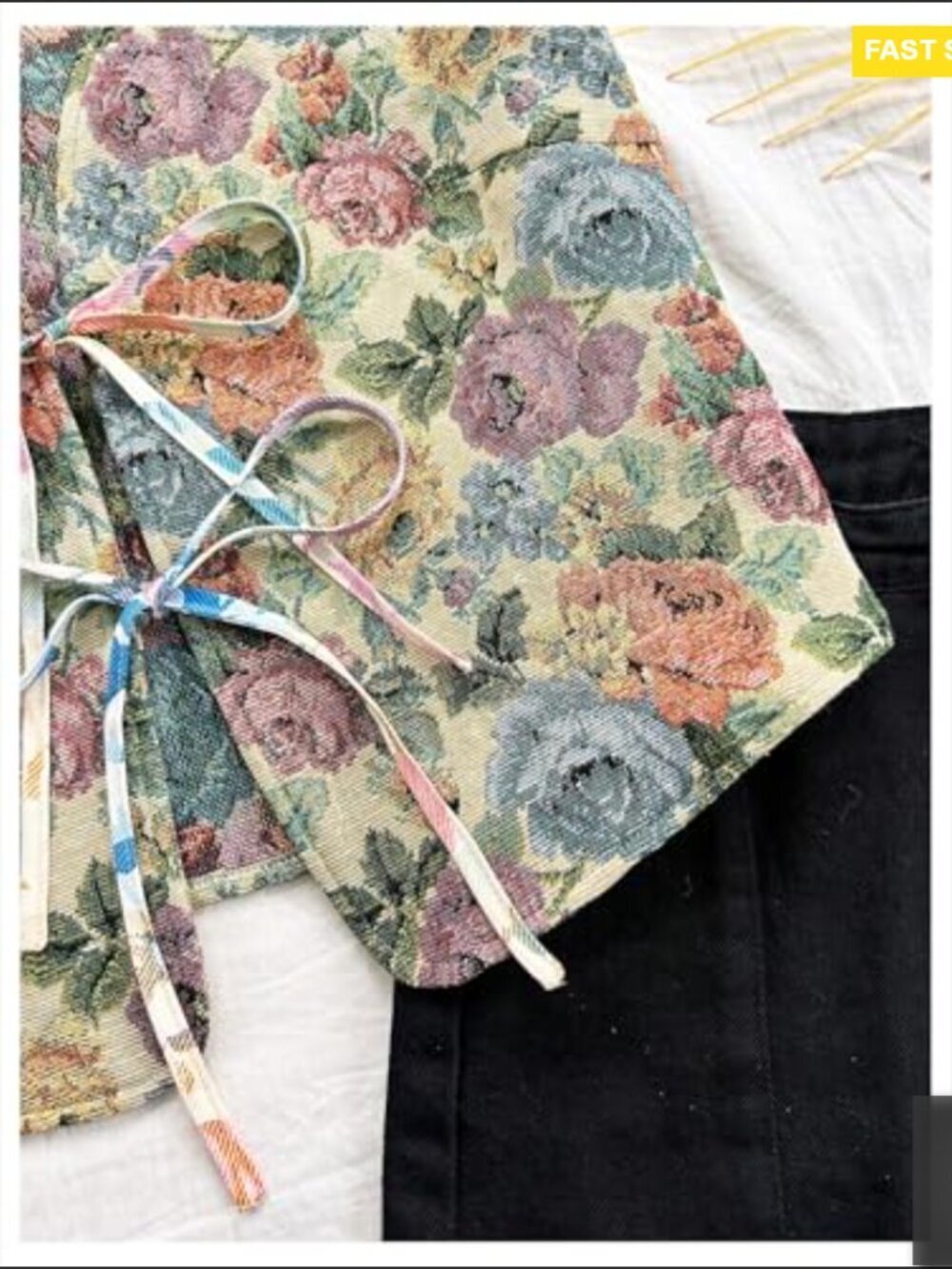 Vintage Floral Bow Tie Front Vest Sleeveless V Neck Crop Tank Top - Picture 3 of 5